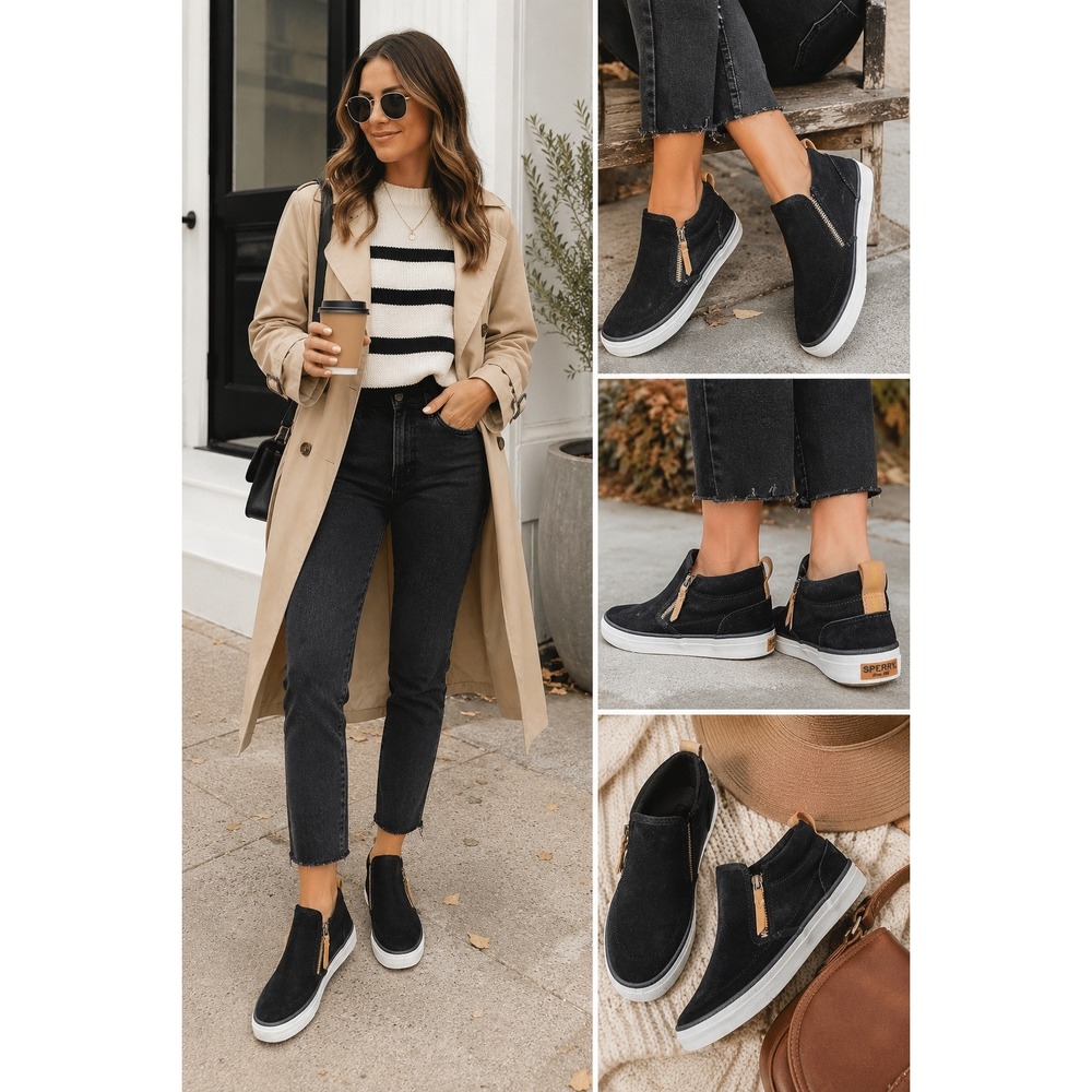 Sperry Women's Size 8 Crest Lug Black Suede Zip Sneaker Boots Urban Preppy